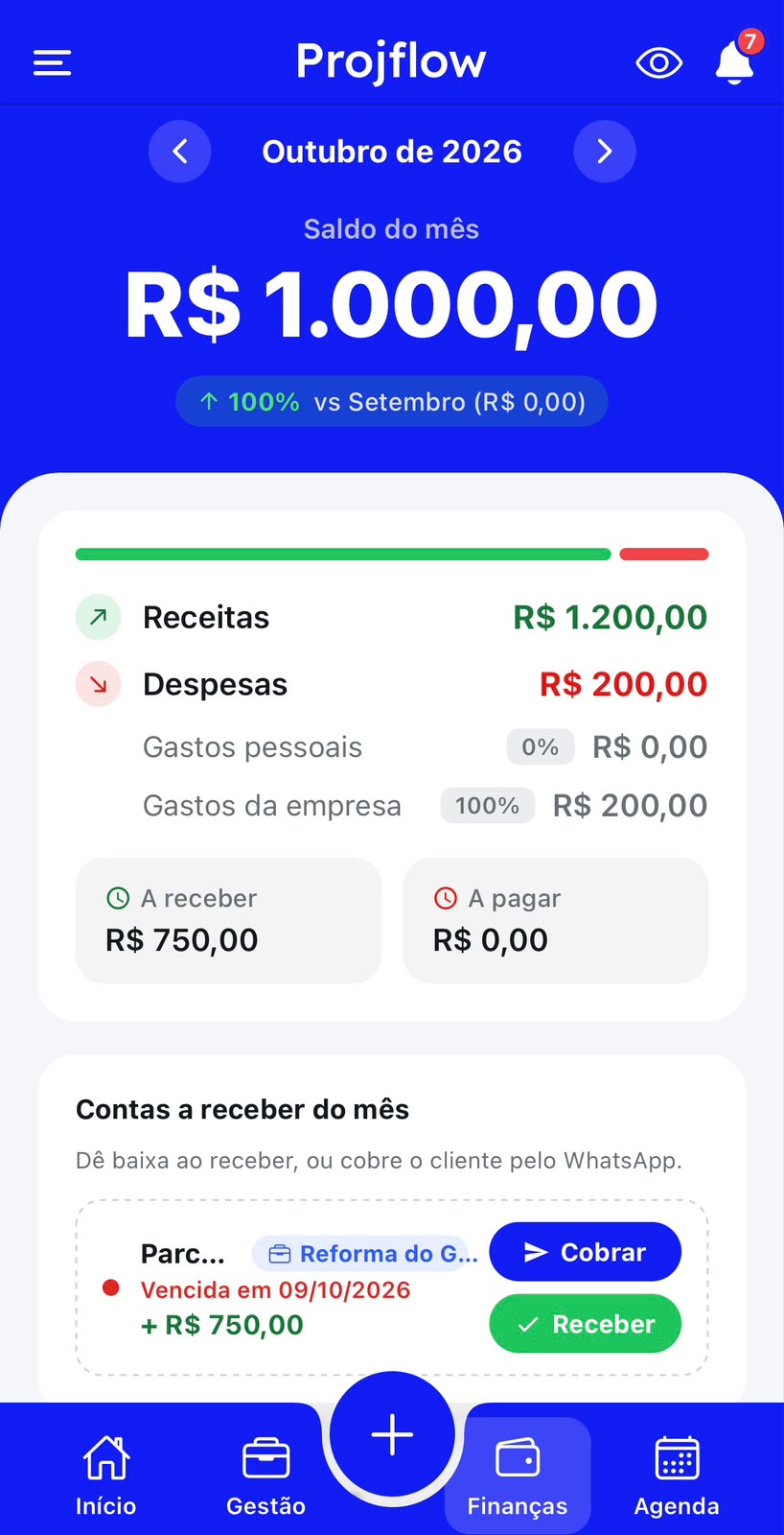 TELA DE FINANÇAS COM COBRANÇA