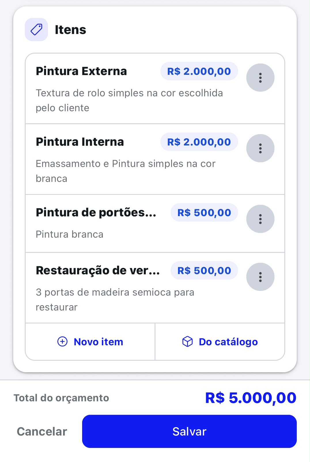 ITENS DE ORÇAMENTO DETALHADOS