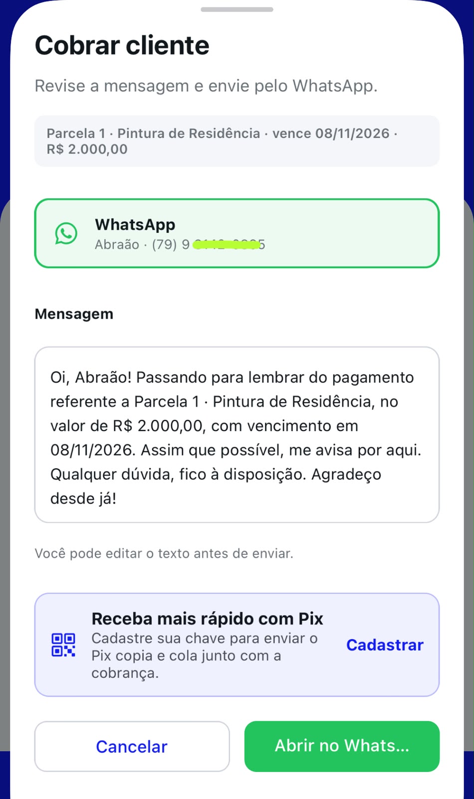 tela de cobrança de cliente automática com fluxo para o whatsapp