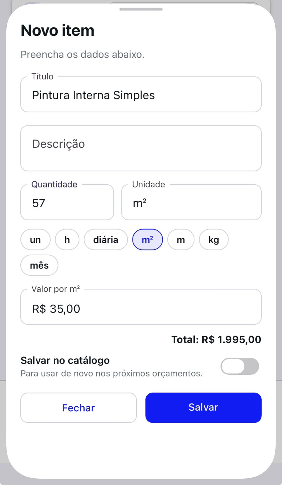 CADASTRO DE PREÇO POR METRO QUADRADO