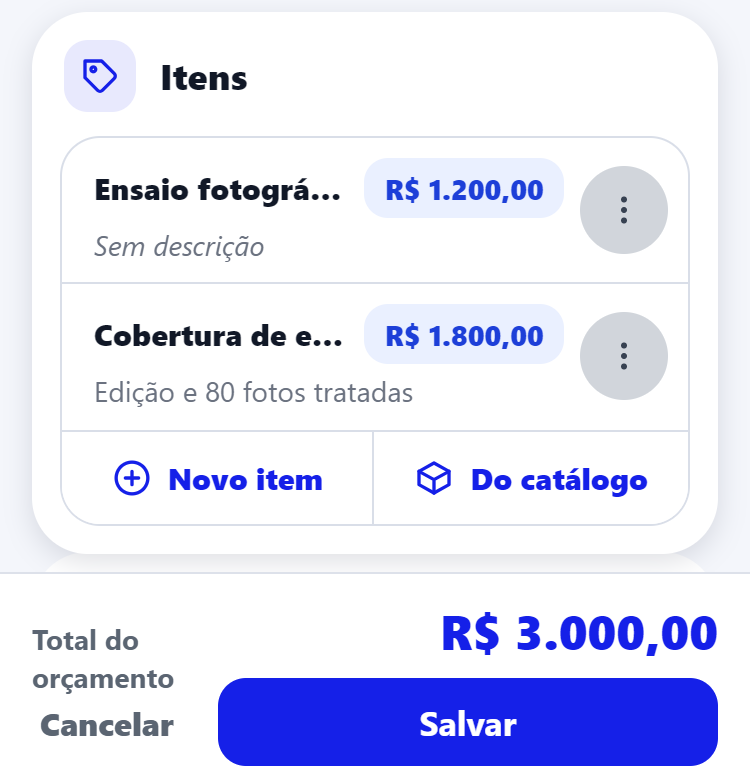 ORÇAMENTO COM ITENS E TOTAL APLICATIVO