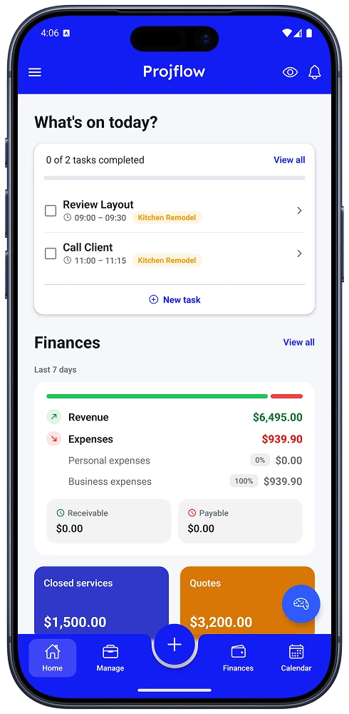 Projflow home screen showing today's tasks and a financial summary